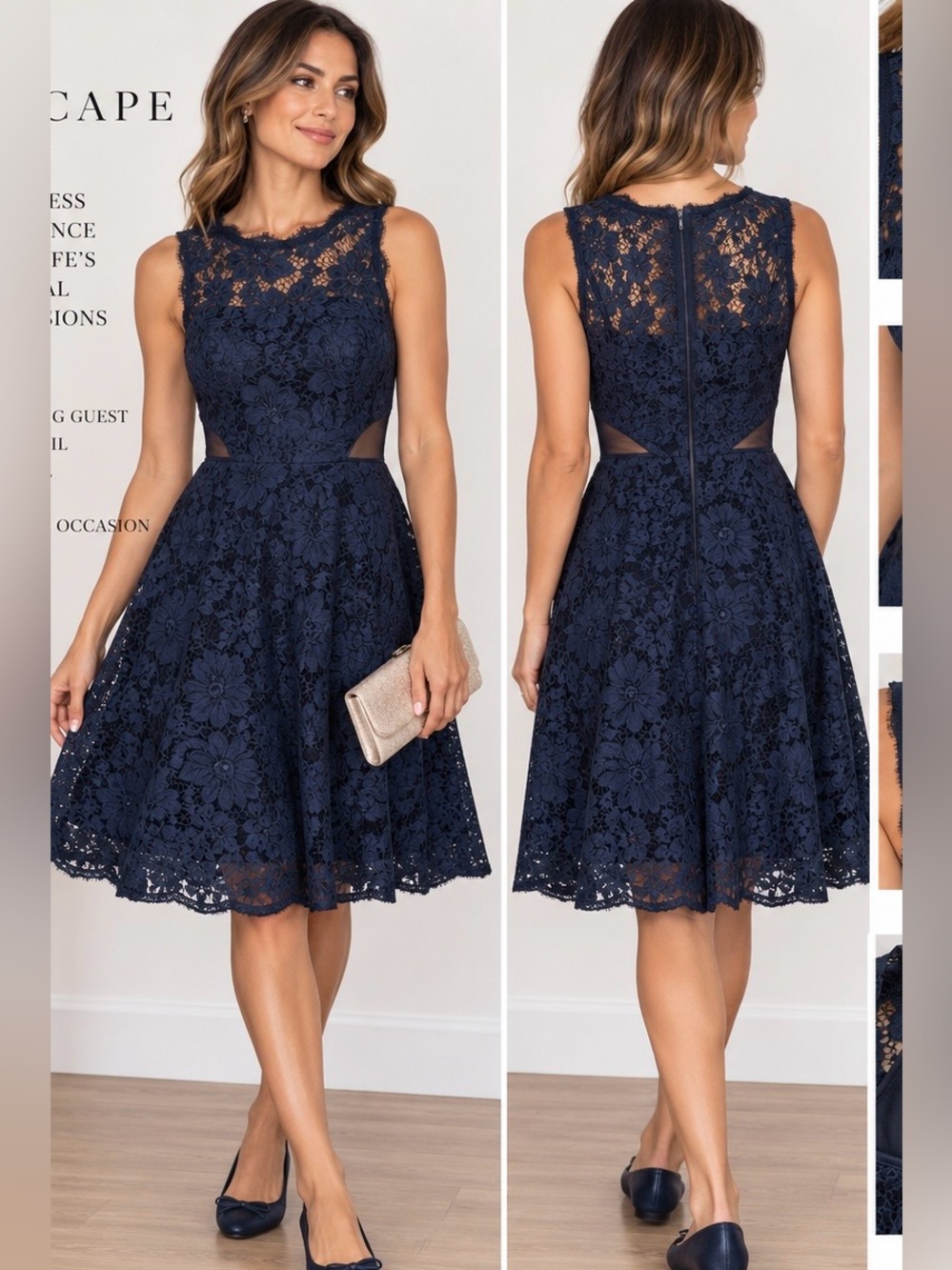 Xscape Navy Floral Lace Dress Size 6 Wedding Guest Formal Cocktail Fit & Flare